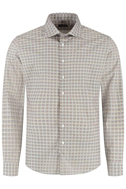 Retroprint beige-blauw ademend katoenen overhemd met retroprint in beige en blauw.