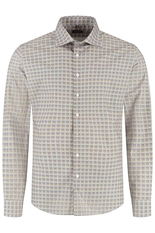 Retroprint beige-blauw ademend katoenen overhemd met retroprint in beige en blauw.
