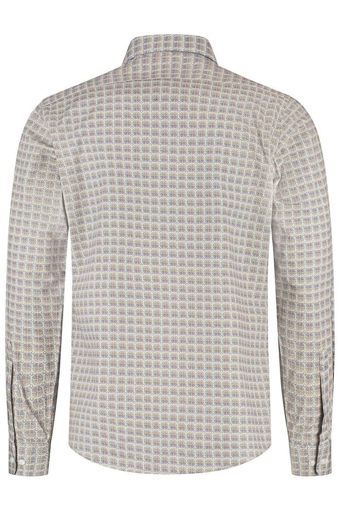 Retroprint beige-blauw ademend katoenen overhemd met retroprint, stijlvol en comfortabel.