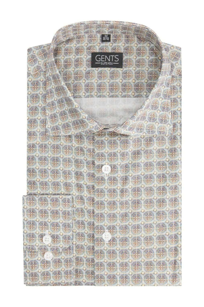 Retroprint beige-blauw ademend katoenen overhemd met stijlvolle retroprint.