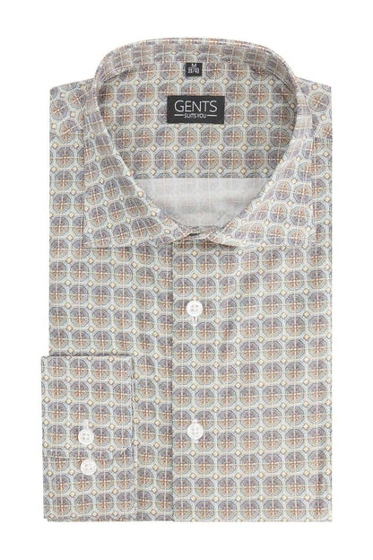 Retroprint beige-blauw ademend katoenen overhemd met stijlvolle retroprint.