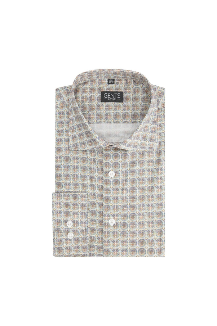 Retroprint beige-blauw ademend katoenen overhemd met stijlvol retroprint design.