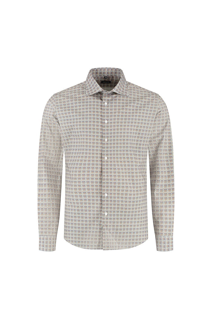 Retroprint beige-blauw ademend katoenen overhemd met retroprint in beige en blauw, stijlvol en comfortabel.