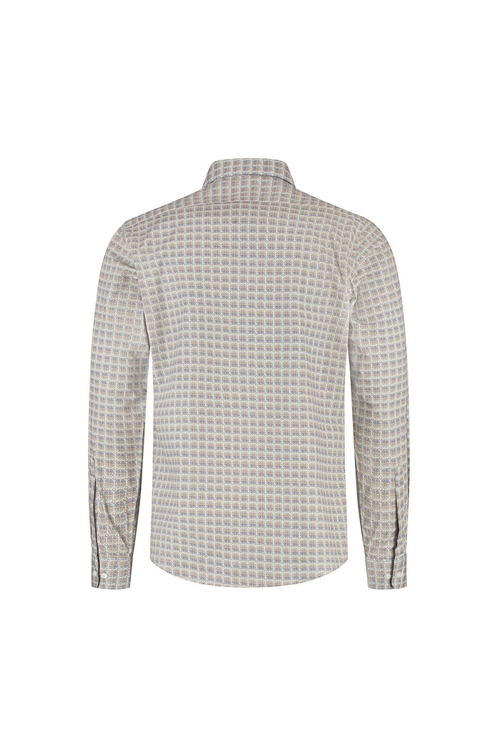 Achterkant van een ademend katoenen overhemd met Retroprint beige-blauw, stijlvol en comfortabel.