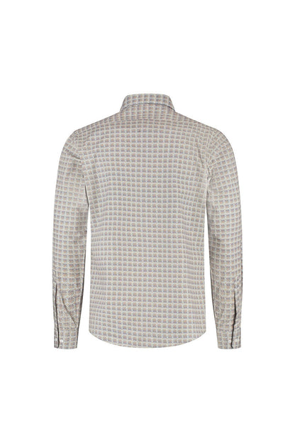 Achterkant van een ademend katoenen overhemd met Retroprint beige-blauw, stijlvol en comfortabel.