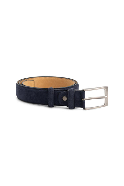 Riem suede donkerblauw met zachte afwerking en mat zilveren gesp.