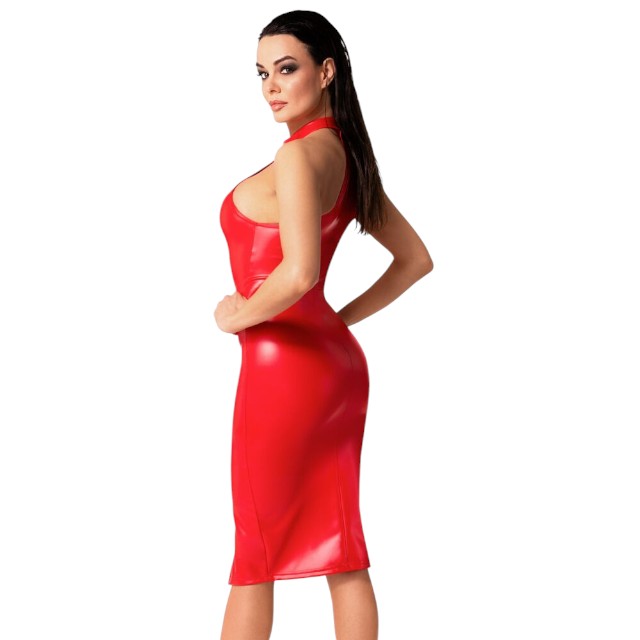 Rochie sexy NOIR HANDMADE Dress, costum erotic din material lucios, design cu guler și fermoar, culoare roșu, mărime L(27190703041)