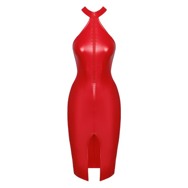 Rochie sexy NOIR HANDMADE Dress, costum erotic din material lucios, design cu guler și fermoar, culoare roșu, mărime L(27190703041)