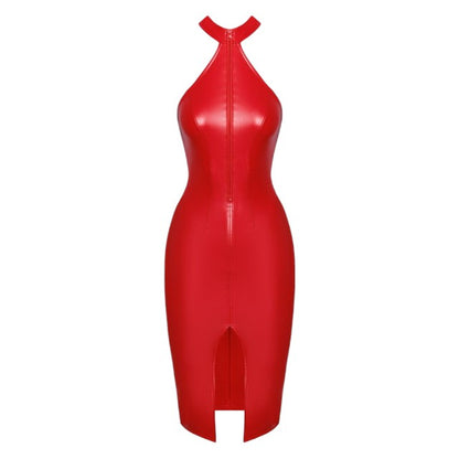Rochie sexy NOIR HANDMADE Dress, costum erotic din material lucios, design cu guler și fermoar, culoare roșu, mărime L(27190703041)