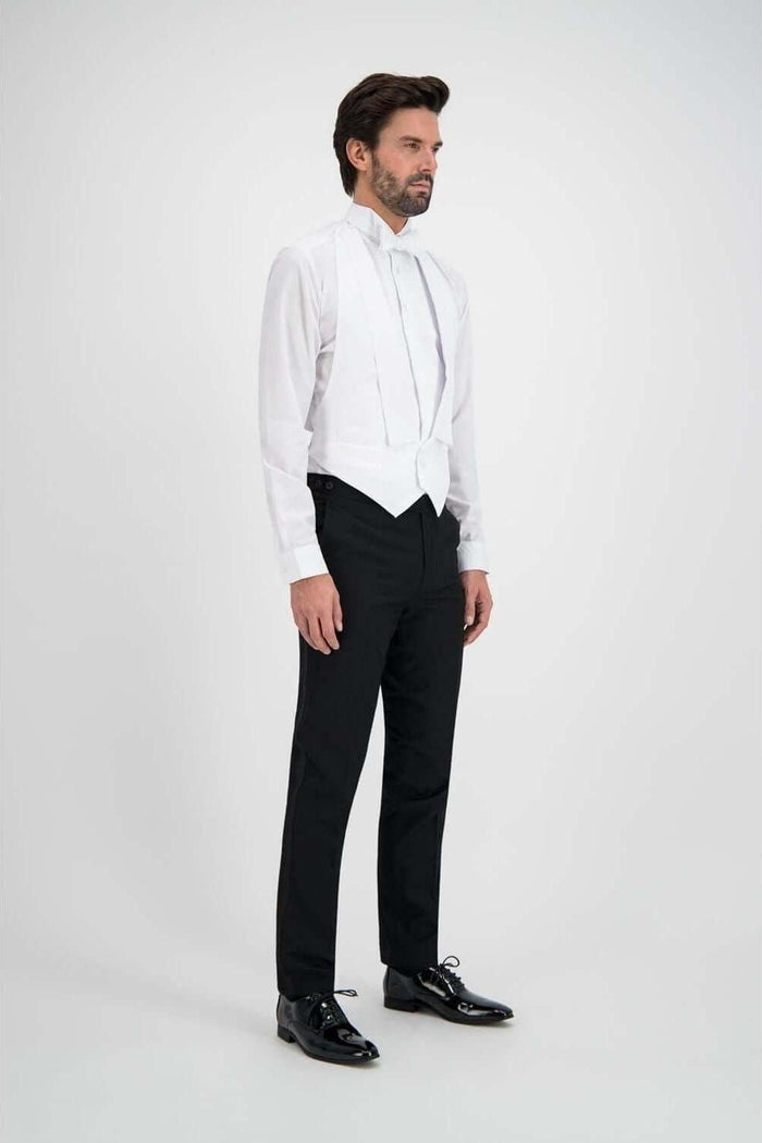 Rokkostuum compleet voor formele gelegenheden, bestaat uit een wit vest, zwarte broek en glanzende schoenen.