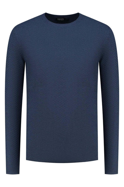 Ronde hals structuur denim, moderne denim trui met ronde hals en duidelijke structuur.