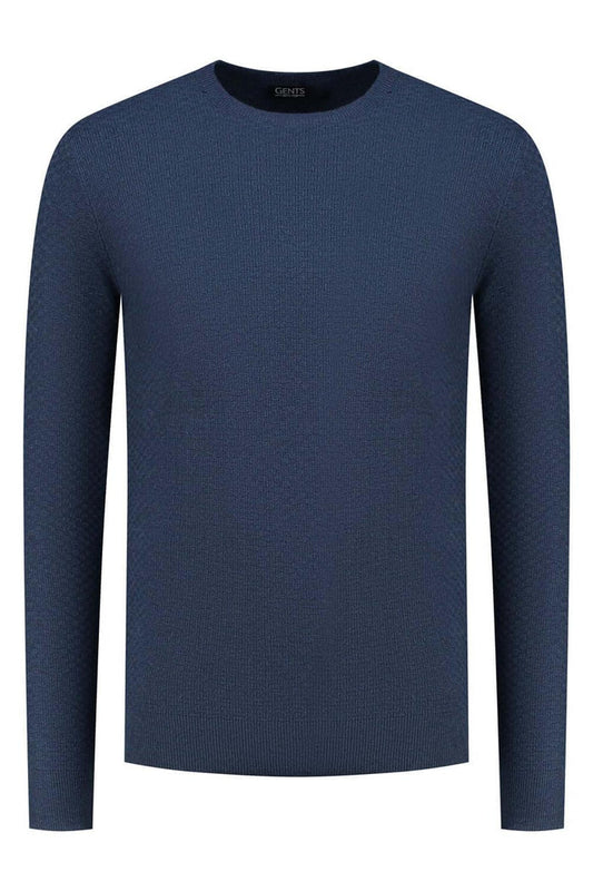 Ronde hals structuur denim, moderne denim trui met ronde hals en duidelijke structuur.
