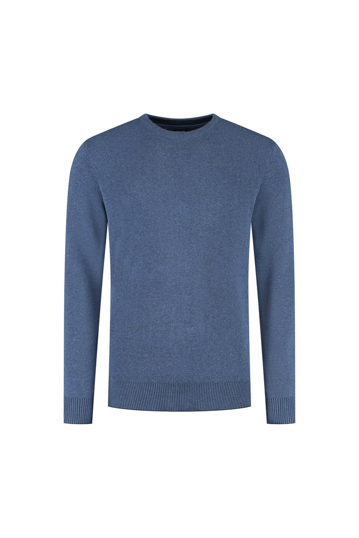 Ronde hals two-tone blauw, katoenen trui, comfortabel en veelzijdig, perfect voor elke gelegenheid.