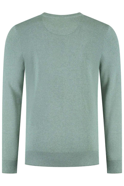 Ronde hals two-tone groen, ademende katoenen trui met ronde hals in groene tweekleur, achteraanzicht.