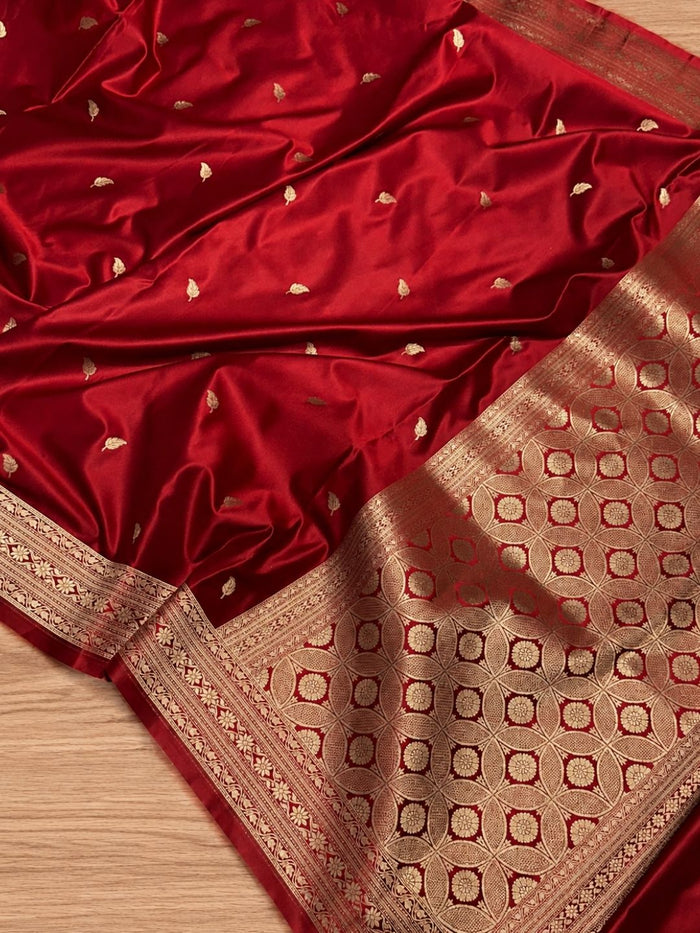 Indiehaat | Red Mashru Katan Silk Saree | Brocade