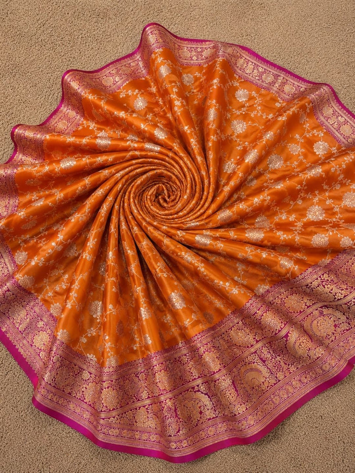 Indiehaat | Orange Mashru Katan Silk Saree | Brocade