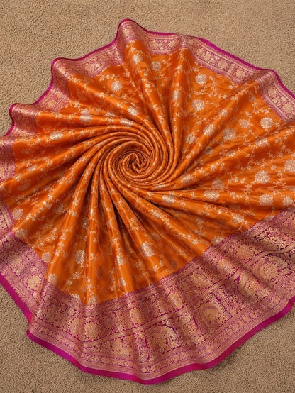 Indiehaat | Orange Mashru Katan Silk Saree | Brocade