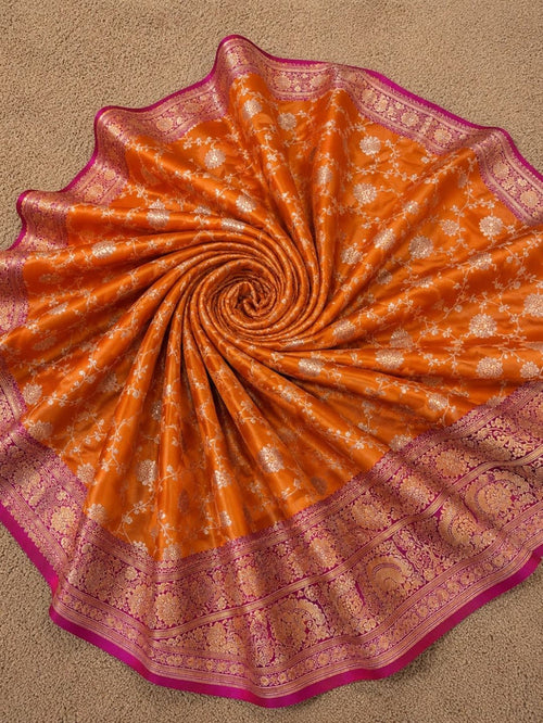 Indiehaat | Orange Mashru Katan Silk Saree | Brocade