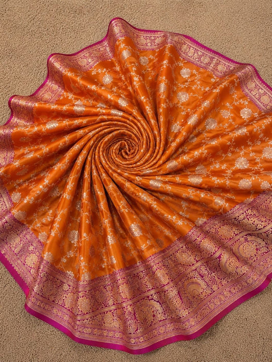 Indiehaat | Orange Mashru Katan Silk Saree | Brocade