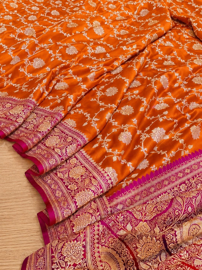 Indiehaat | Orange Mashru Katan Silk Saree | Brocade