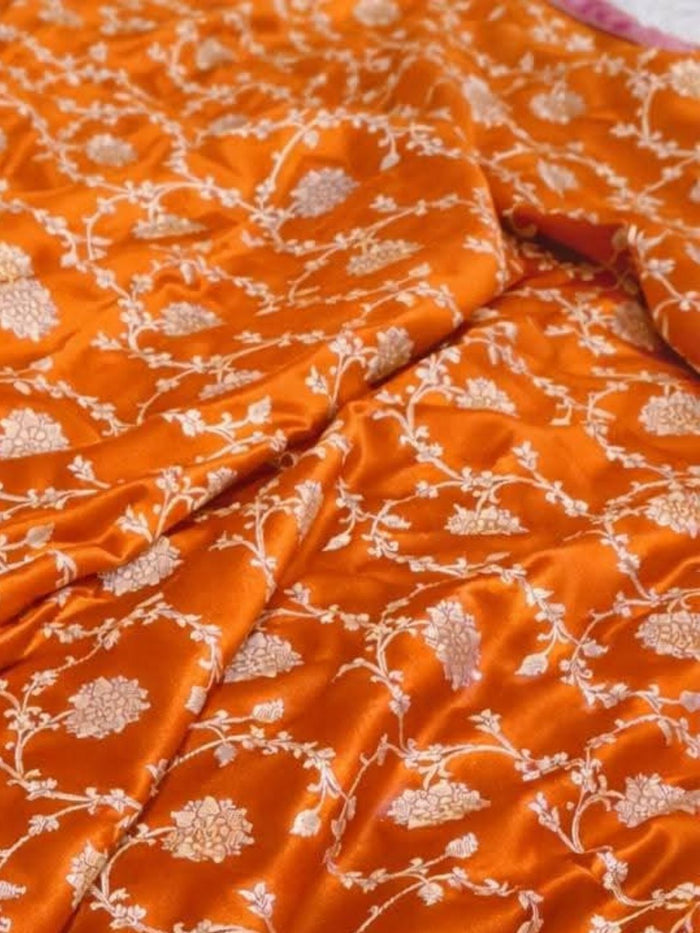 Indiehaat | Orange Mashru Katan Silk Saree | Brocade