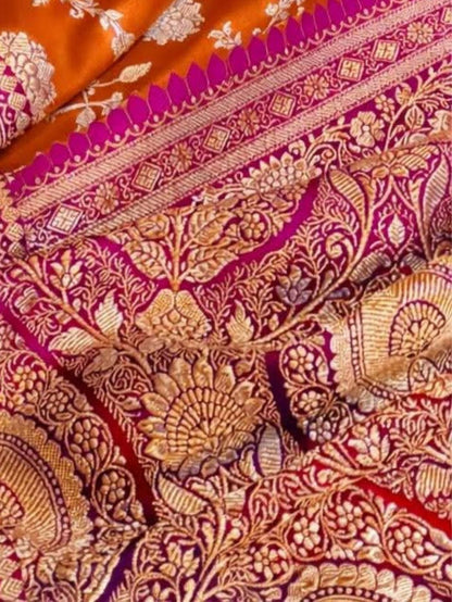 Indiehaat | Orange Mashru Katan Silk Saree | Brocade