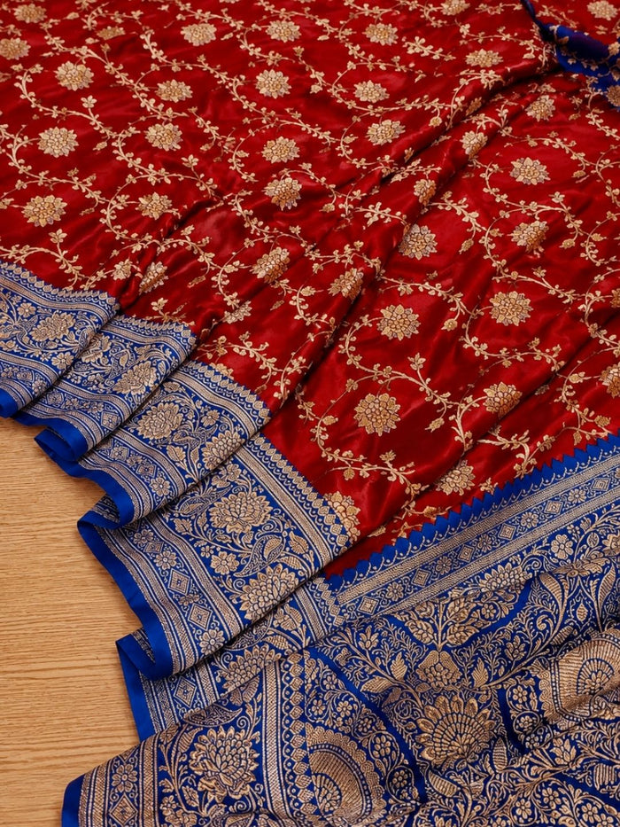 Indiehaat | Red Mashru Katan Silk Saree | Brocade