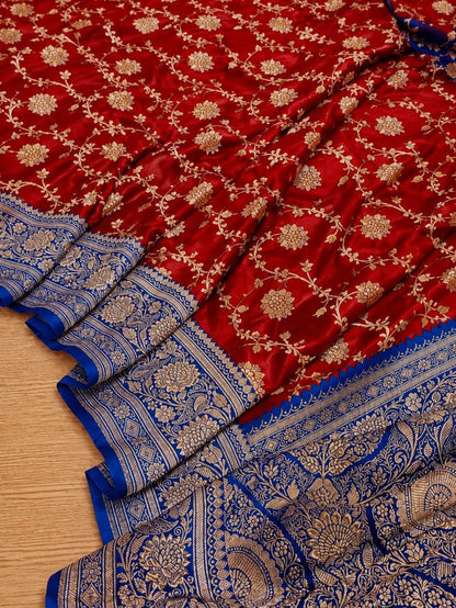 Indiehaat | Red Mashru Katan Silk Saree | Brocade