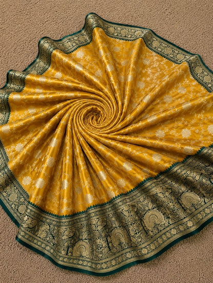 Indiehaat | Yellow Mashru Katan Silk Saree | Brocade