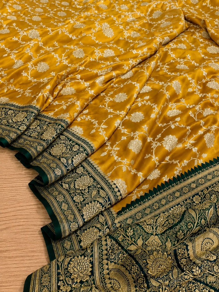 Indiehaat | Yellow Mashru Katan Silk Saree | Brocade