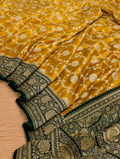 Indiehaat | Yellow Mashru Katan Silk Saree | Brocade