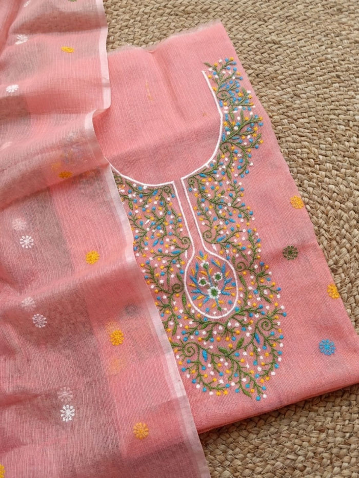 Indiehaat | Kota Cotton Embroidery Suit Material Peach