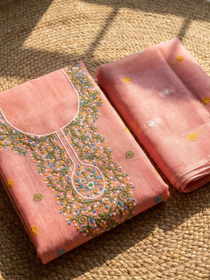 Indiehaat | Kota Cotton Embroidery Suit Material Peach