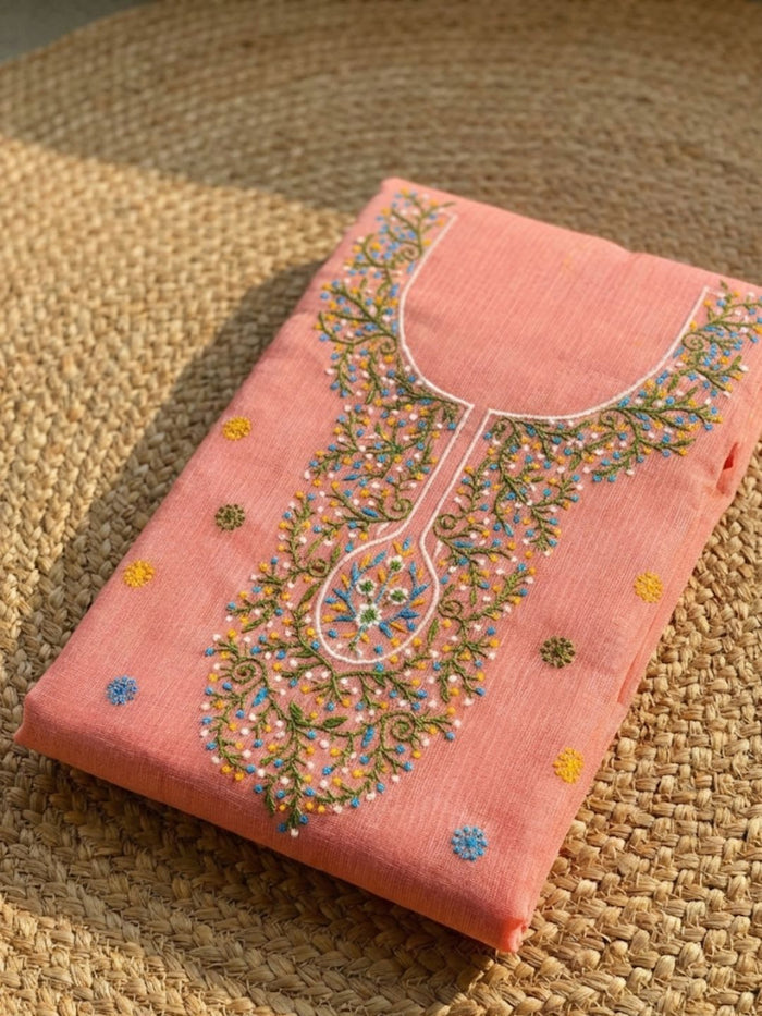 Indiehaat | Kota Cotton Embroidery Suit Material Peach