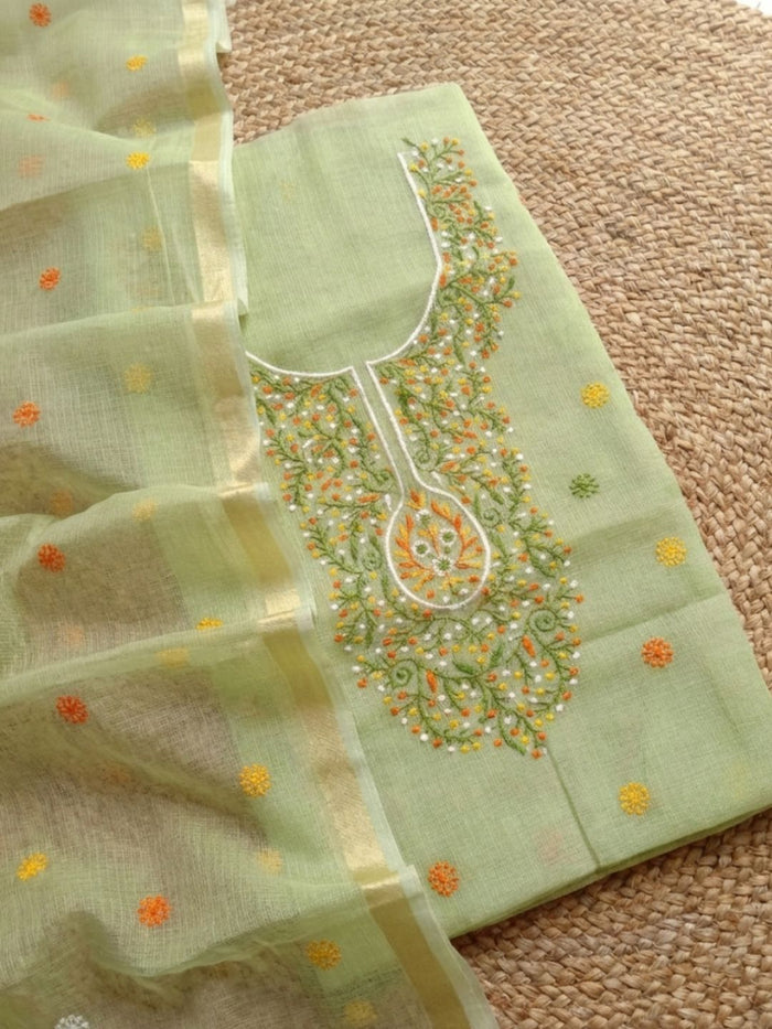 Indiehaat | Kota Cotton Embroidery Suit Material Green