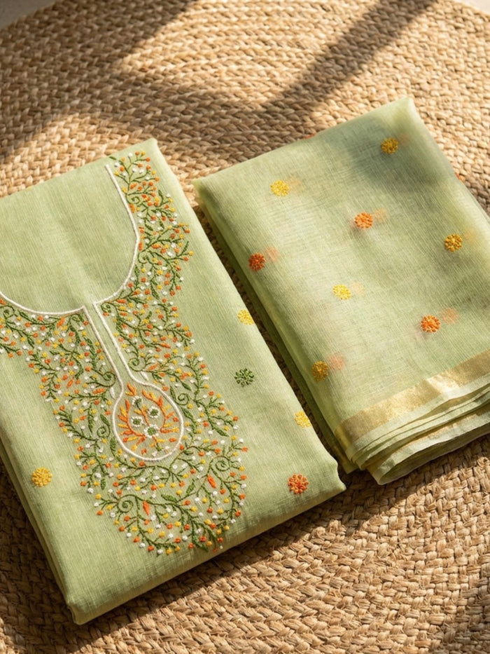 Indiehaat | Kota Cotton Embroidery Suit Material Green
