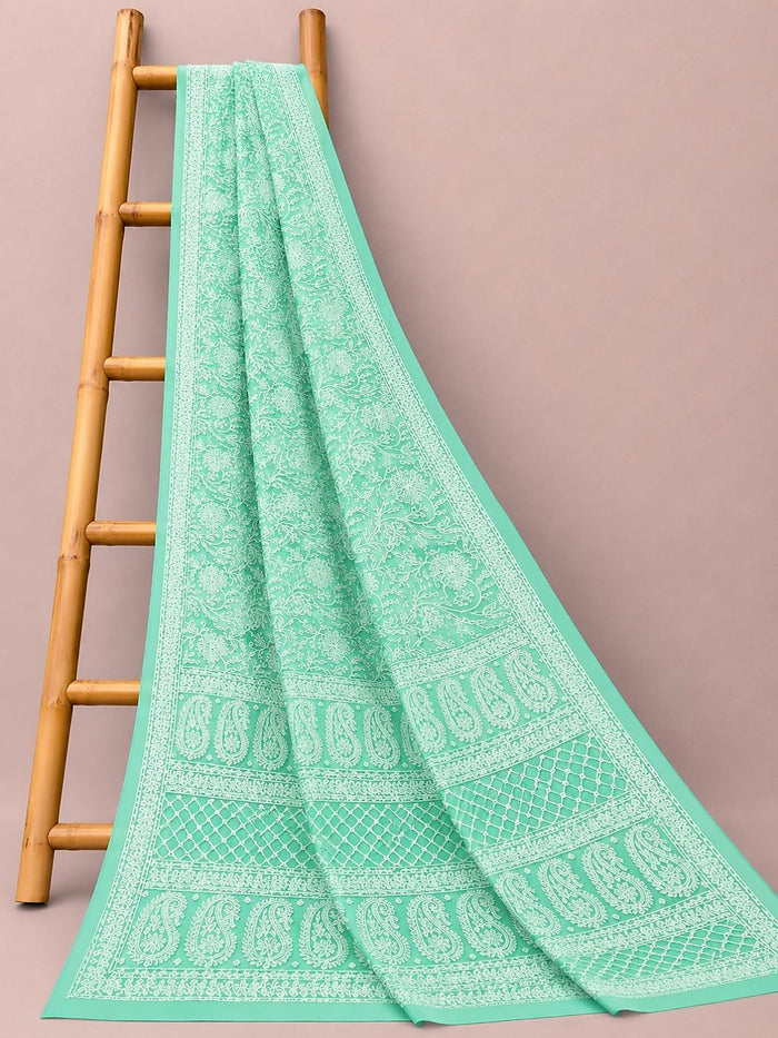 Indiehaat | Green Georgette Chikankari Saree | Party Wear