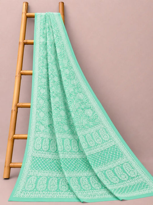 Indiehaat | Green Georgette Chikankari Saree | Party Wear