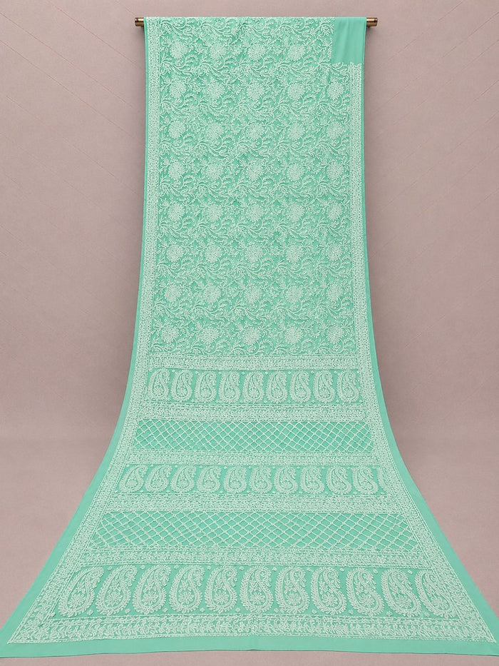Indiehaat | Green Georgette Chikankari Saree | Party Wear