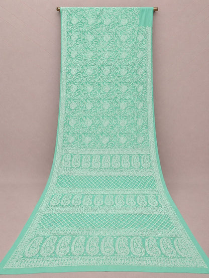 Indiehaat | Green Georgette Chikankari Saree | Party Wear