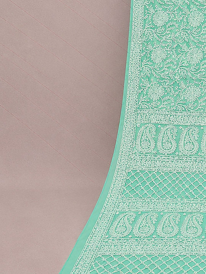 Indiehaat | Green Georgette Chikankari Saree | Party Wear