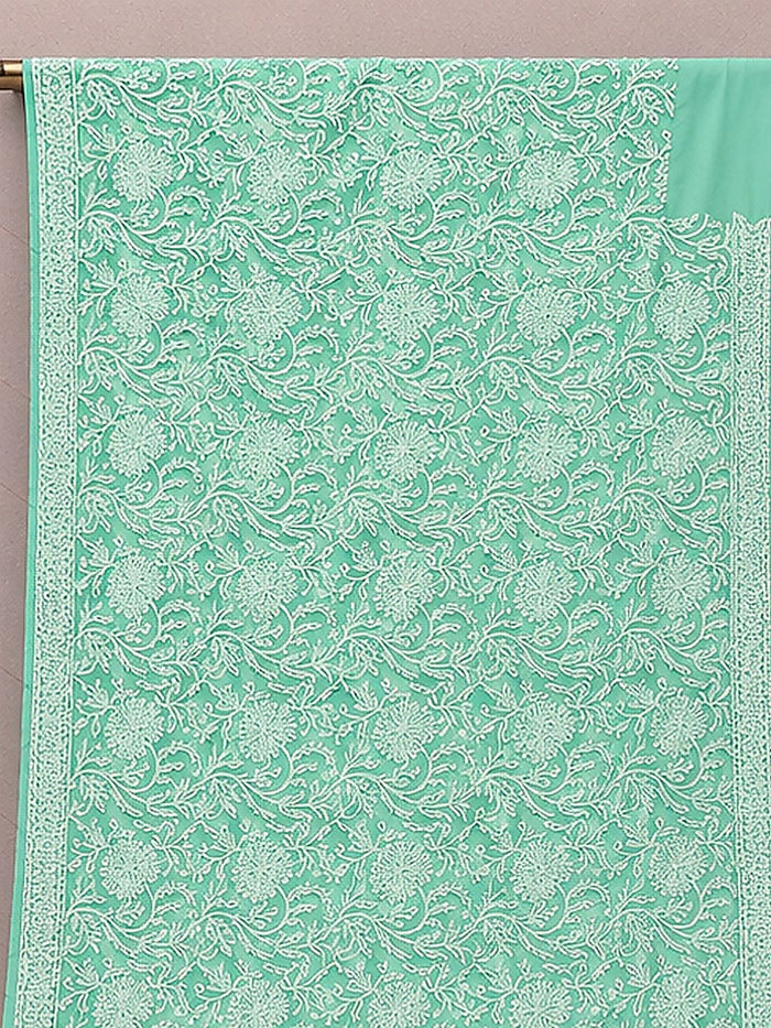 Indiehaat | Green Georgette Chikankari Saree | Party Wear