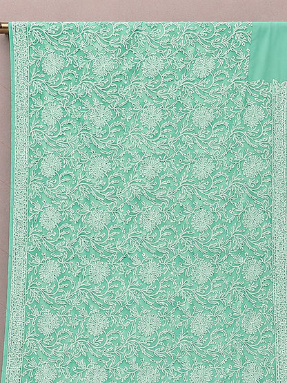 Indiehaat | Green Georgette Chikankari Saree | Party Wear