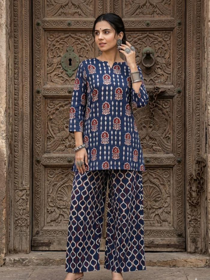 Indiehaat | Blockprinted Cotton Co-Ord Set Blue