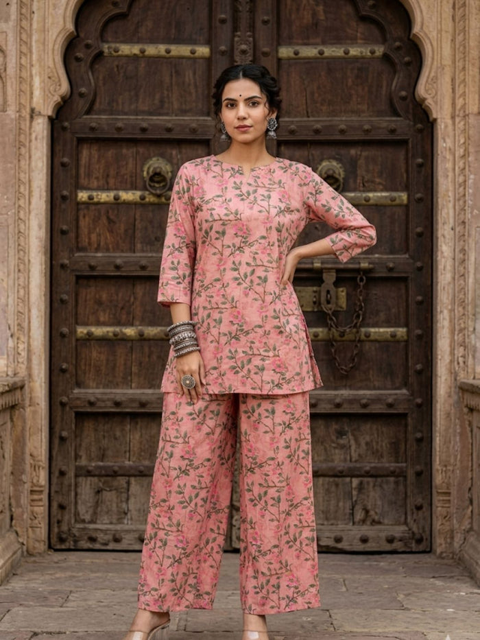 Indiehaat | Blockprinted Cotton Co-Ord Set Peach