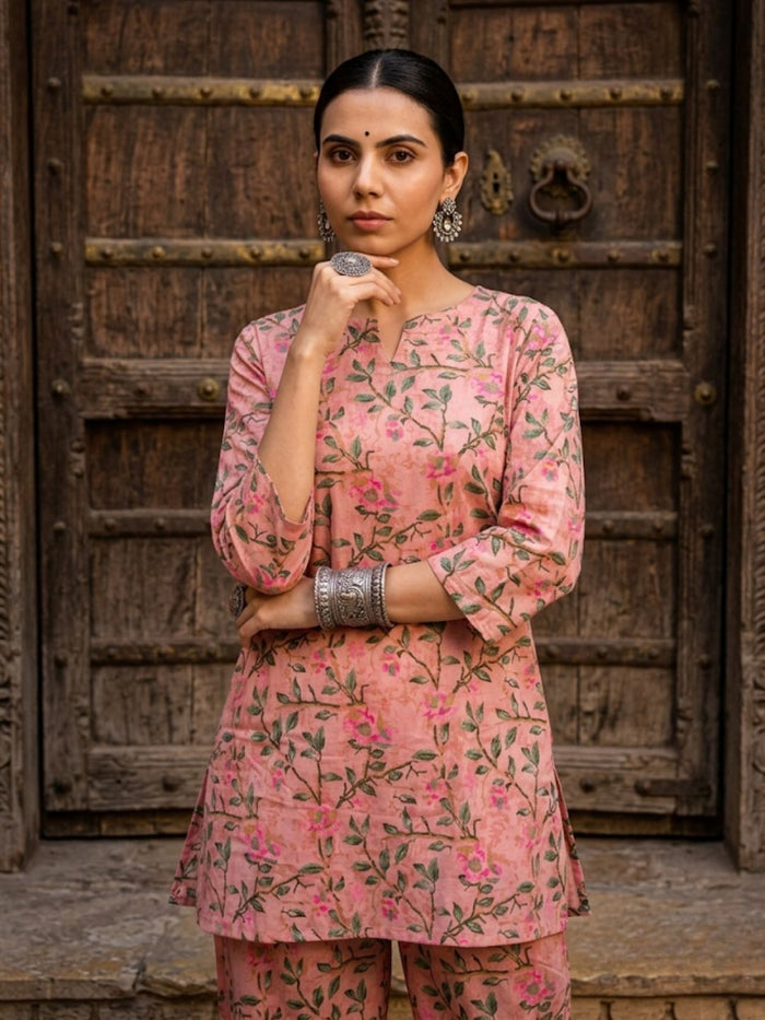 Indiehaat | Blockprinted Cotton Co-Ord Set Peach