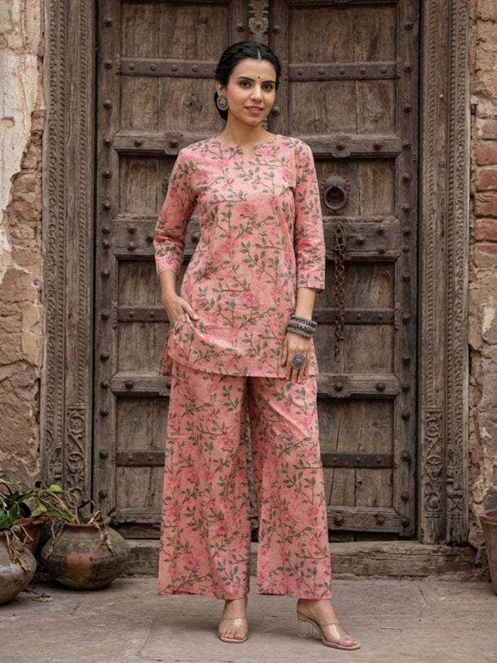 Indiehaat | Blockprinted Cotton Co-Ord Set Peach