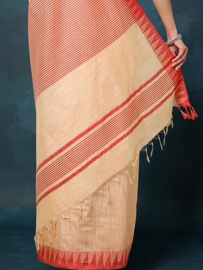 Indiehaat | Kota Silk Hand Dyed Temple Border Saree Beige