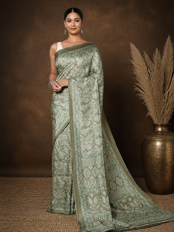 Sage green and grey printed saree in a medium all-over paisley print with a narrow dark olive border.