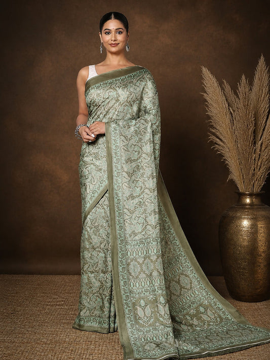 Sage green and grey printed saree in a medium all-over paisley print with a narrow dark olive border.